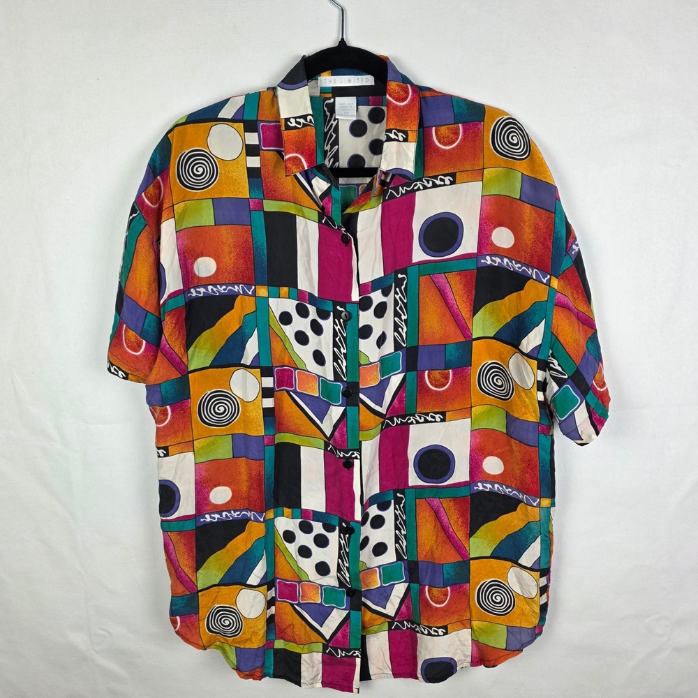Vintage The Limited Geometric Print Silk Short Sleeve Button Up Shirt XS 90s 80s